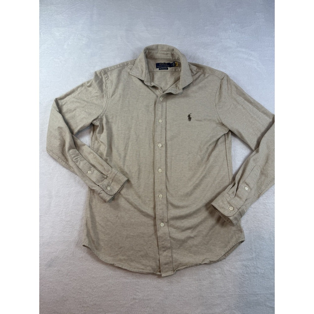 Polo Ralph Lauren Knit Dress Shirt Men's M Beige Herringbone Old Money Preppy